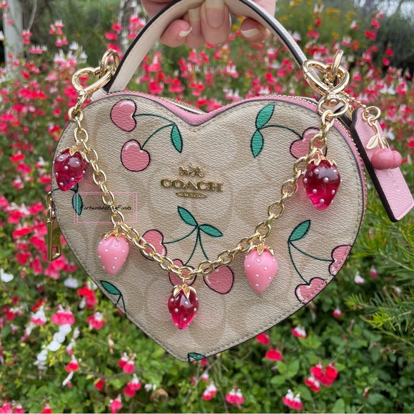 Heart Strawberry Bag Purse Charm Chain Swag Strap Hot Pink & Baby Pink Pearl - Picture 5 of 13